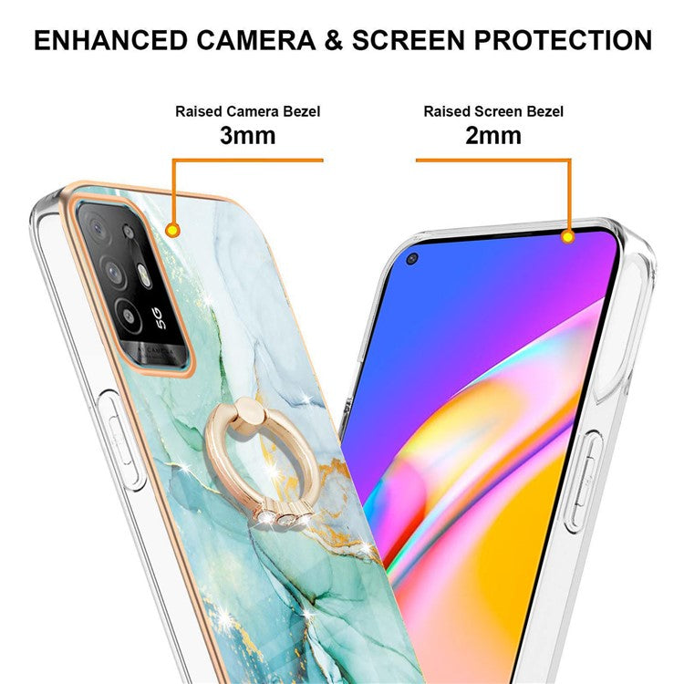 YB IMD Series-10 for Oppo A94 5G/A95 5G Light Slim IMD Rotating Ring Kickstand Design Marble Pattern Electroplating Frame TPU Soft Phone Case Shell - Green 003