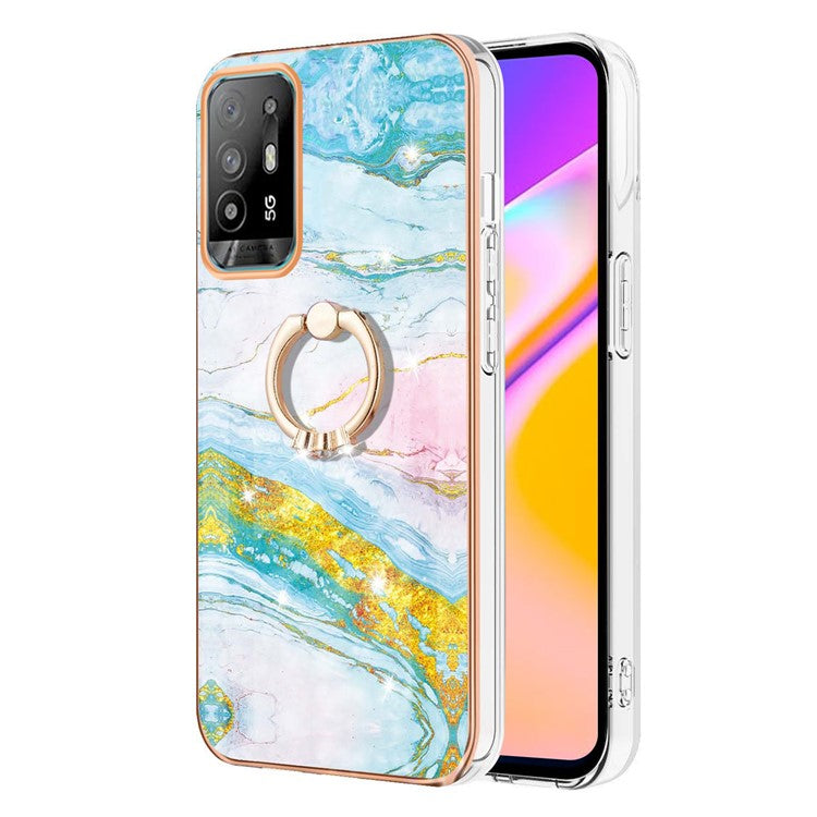 YB IMD Series-10 for Oppo A94 5G/A95 5G Light Slim IMD Rotating Ring Kickstand Design Marble Pattern Electroplating Frame TPU Soft Phone Case Shell - Green 004