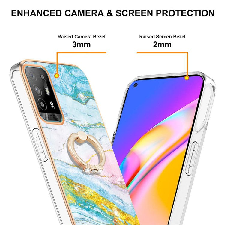 YB IMD Series-10 for Oppo A94 5G/A95 5G Light Slim IMD Rotating Ring Kickstand Design Marble Pattern Electroplating Frame TPU Soft Phone Case Shell - Green 004