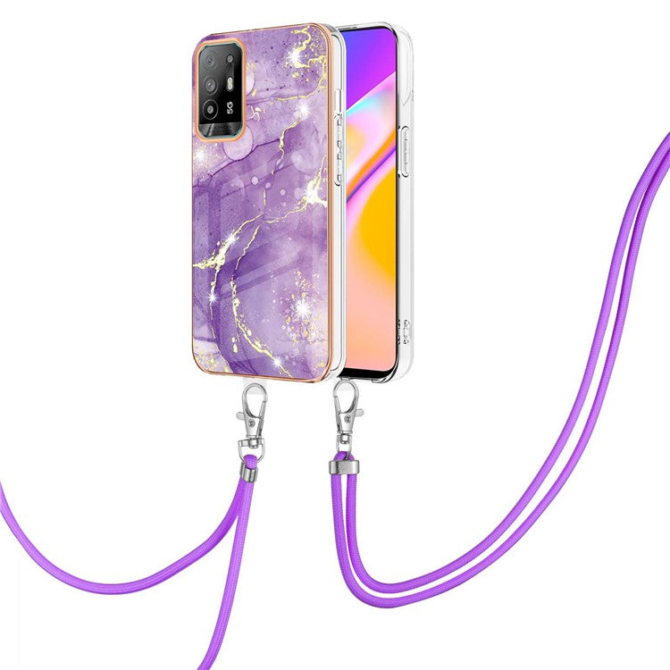 YB IMD Series-9 Marble Pattern Case for Oppo A95 5G/A94 5G Ultra-slim Light Electroplating Frame TPU IMD Lanyard Mobile Phone Case - Purple 002