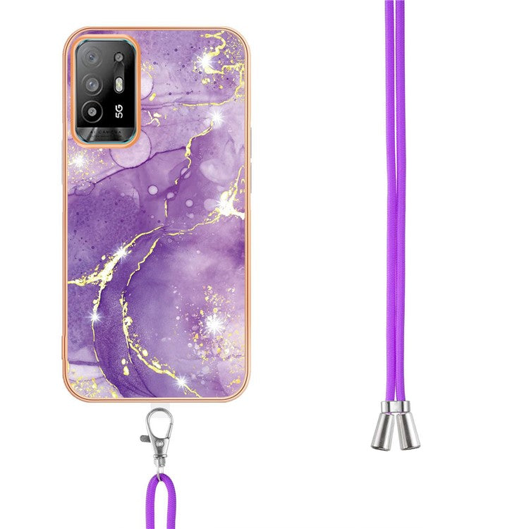 YB IMD Series-9 Marble Pattern Case for Oppo A95 5G/A94 5G Ultra-slim Light Electroplating Frame TPU IMD Lanyard Mobile Phone Case - Purple 002