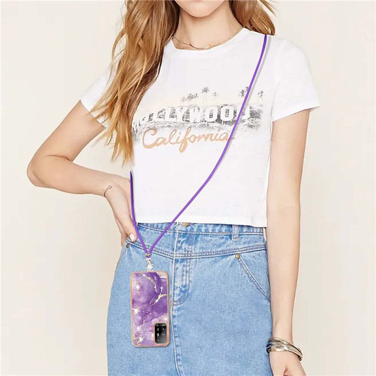 YB IMD Series-9 Marble Pattern Case for Oppo A95 5G/A94 5G Ultra-slim Light Electroplating Frame TPU IMD Lanyard Mobile Phone Case - Purple 002