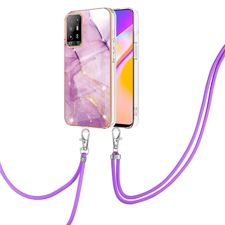 YB IMD Series-9 Marble Pattern Case for Oppo A95 5G/A94 5G Ultra-slim Light Electroplating Frame TPU IMD Lanyard Mobile Phone Case - Purple 001