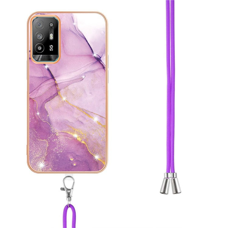 YB IMD Series-9 Marble Pattern Case for Oppo A95 5G/A94 5G Ultra-slim Light Electroplating Frame TPU IMD Lanyard Mobile Phone Case - Purple 001
