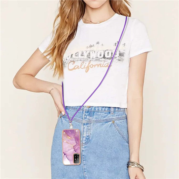 YB IMD Series-9 Marble Pattern Case for Oppo A95 5G/A94 5G Ultra-slim Light Electroplating Frame TPU IMD Lanyard Mobile Phone Case - Purple 001