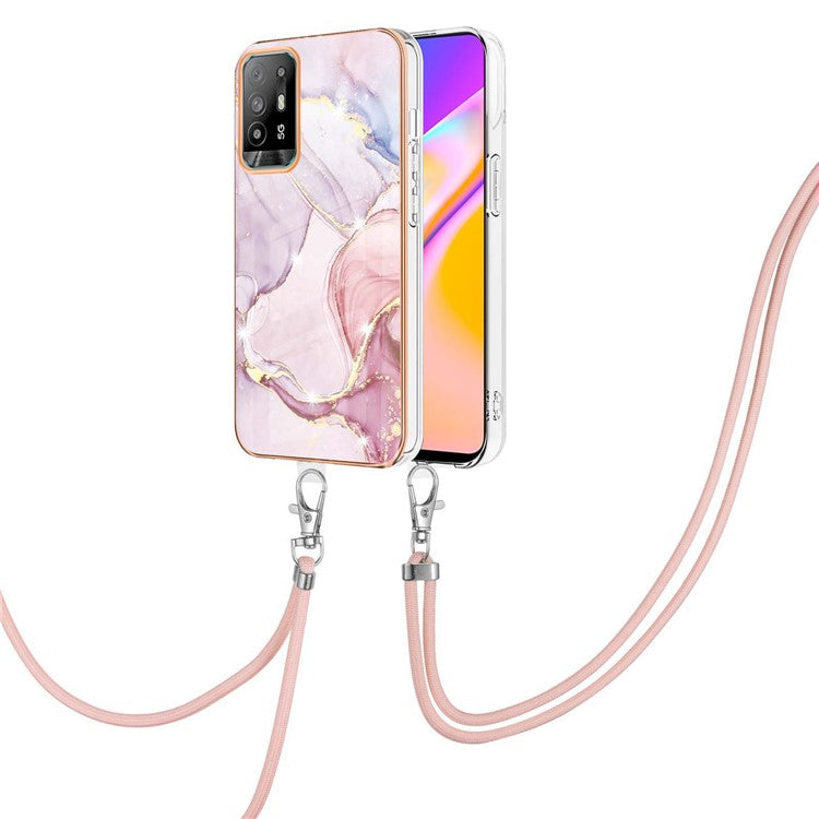 YB IMD Series-9 Marble Pattern Case for Oppo A95 5G/A94 5G Ultra-slim Light Electroplating Frame TPU IMD Lanyard Mobile Phone Case - Rose Gold 005