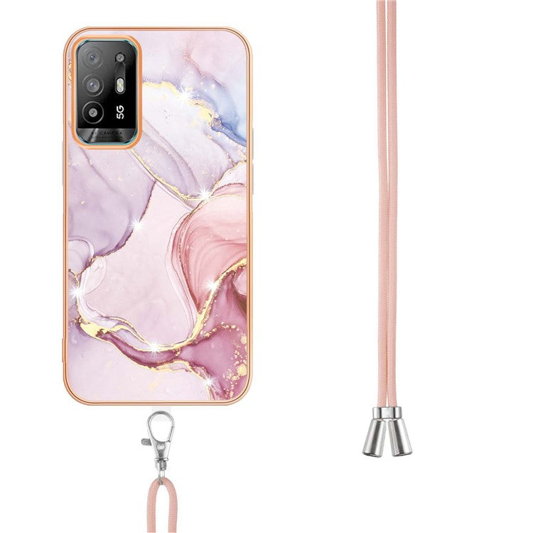 YB IMD Series-9 Marble Pattern Case for Oppo A95 5G/A94 5G Ultra-slim Light Electroplating Frame TPU IMD Lanyard Mobile Phone Case - Rose Gold 005