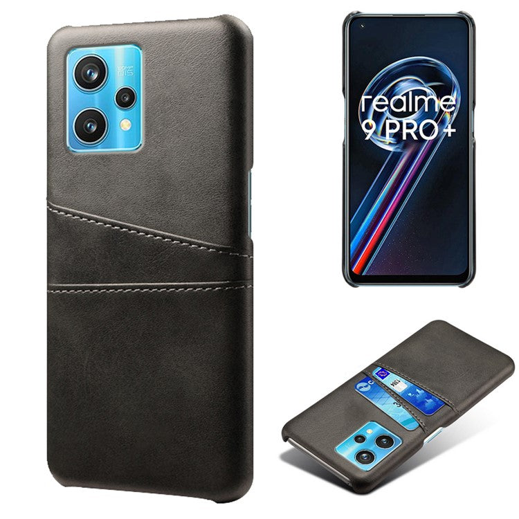 For Realme 9 Pro+ Double Protection PU Leather Coated Hard PC Cover Two Card Slots Phone Protective Shell - Black