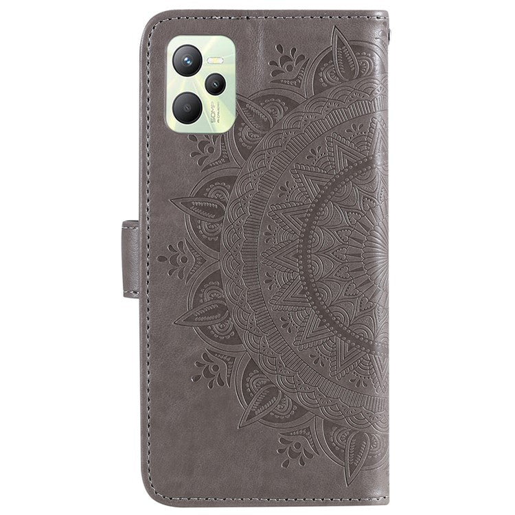 For Realme C35 PU Leather Scratch-resistant Cover Foldable Stand Imprinted Mandala Flower Wallet Case with Strap - Grey