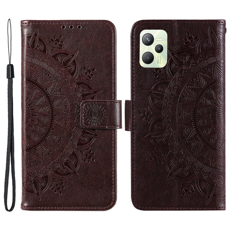 For Realme C35 PU Leather Scratch-resistant Cover Foldable Stand Imprinted Mandala Flower Wallet Case with Strap - Brown