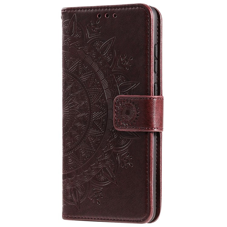For Realme C35 PU Leather Scratch-resistant Cover Foldable Stand Imprinted Mandala Flower Wallet Case with Strap - Brown