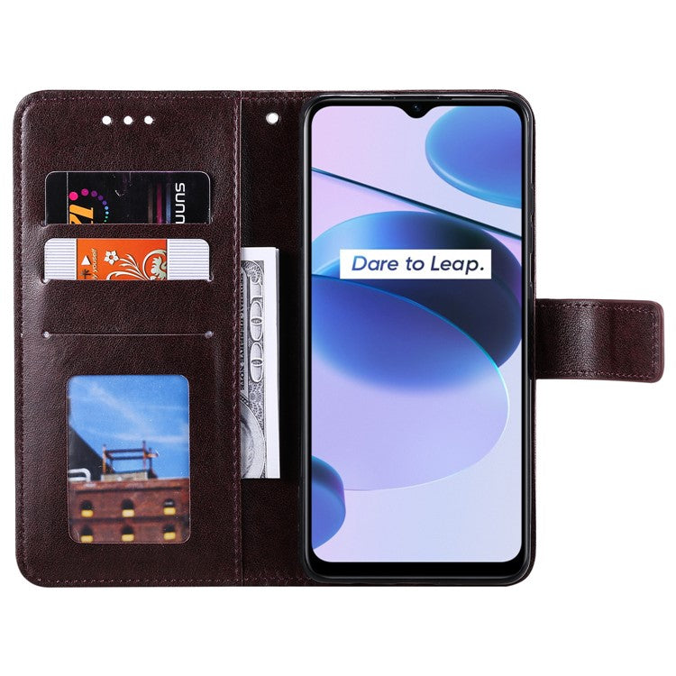 For Realme C35 PU Leather Scratch-resistant Cover Foldable Stand Imprinted Mandala Flower Wallet Case with Strap - Brown