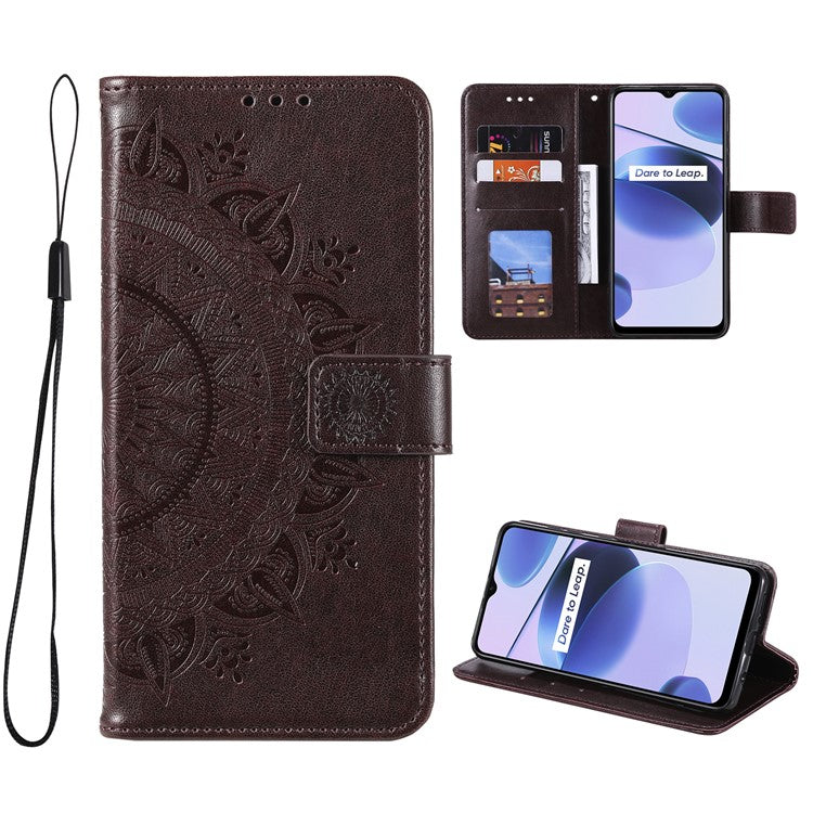 For Realme C35 PU Leather Scratch-resistant Cover Foldable Stand Imprinted Mandala Flower Wallet Case with Strap - Brown