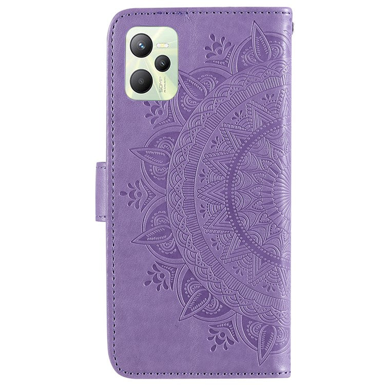 For Realme C35 PU Leather Scratch-resistant Cover Foldable Stand Imprinted Mandala Flower Wallet Case with Strap - Purple