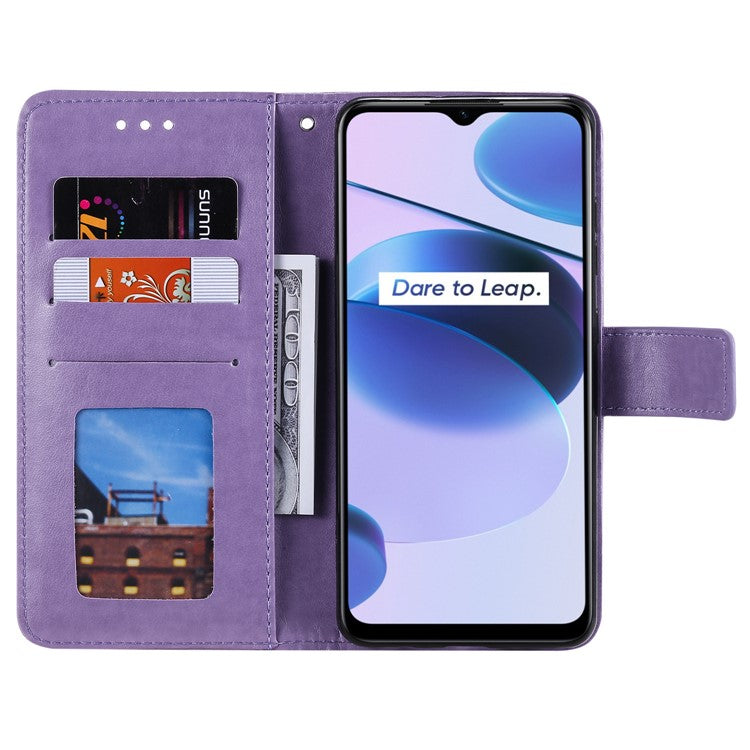 For Realme C35 PU Leather Scratch-resistant Cover Foldable Stand Imprinted Mandala Flower Wallet Case with Strap - Purple