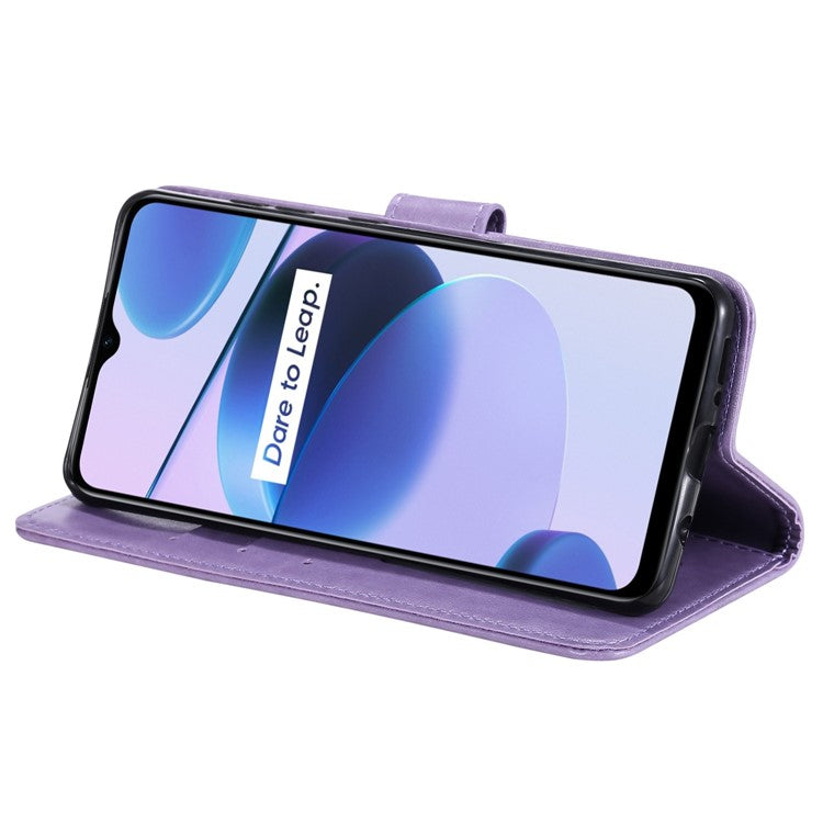 For Realme C35 PU Leather Scratch-resistant Cover Foldable Stand Imprinted Mandala Flower Wallet Case with Strap - Purple