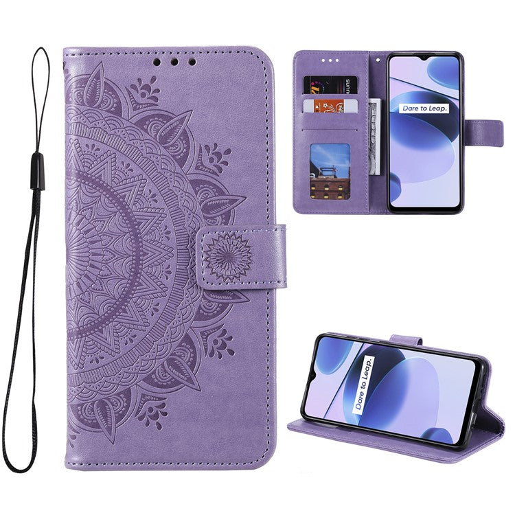 For Realme C35 PU Leather Scratch-resistant Cover Foldable Stand Imprinted Mandala Flower Wallet Case with Strap - Purple