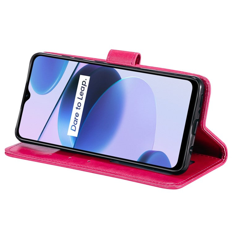 For Realme C35 PU Leather Scratch-resistant Cover Foldable Stand Imprinted Mandala Flower Wallet Case with Strap - Red