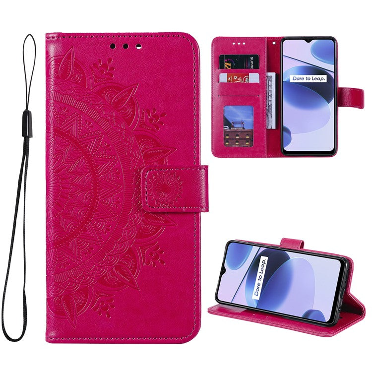 For Realme C35 PU Leather Scratch-resistant Cover Foldable Stand Imprinted Mandala Flower Wallet Case with Strap - Red
