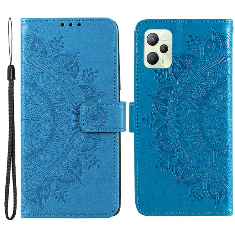 For Realme C35 PU Leather Scratch-resistant Cover Foldable Stand Imprinted Mandala Flower Wallet Case with Strap - Blue