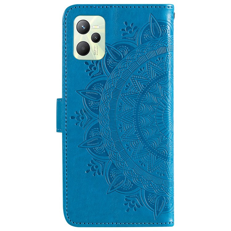 For Realme C35 PU Leather Scratch-resistant Cover Foldable Stand Imprinted Mandala Flower Wallet Case with Strap - Blue