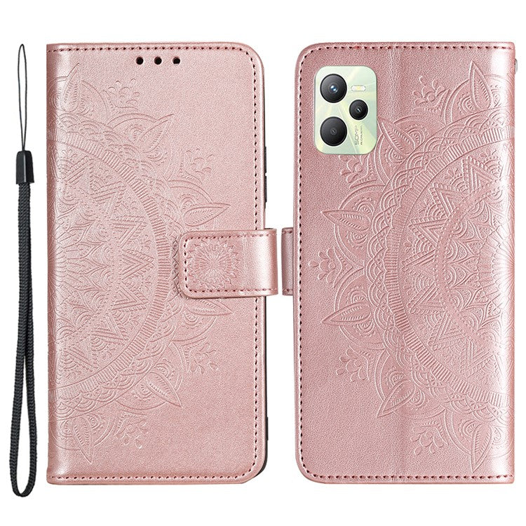 For Realme C35 PU Leather Scratch-resistant Cover Foldable Stand Imprinted Mandala Flower Wallet Case with Strap - Rose Gold