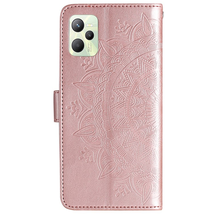 For Realme C35 PU Leather Scratch-resistant Cover Foldable Stand Imprinted Mandala Flower Wallet Case with Strap - Rose Gold