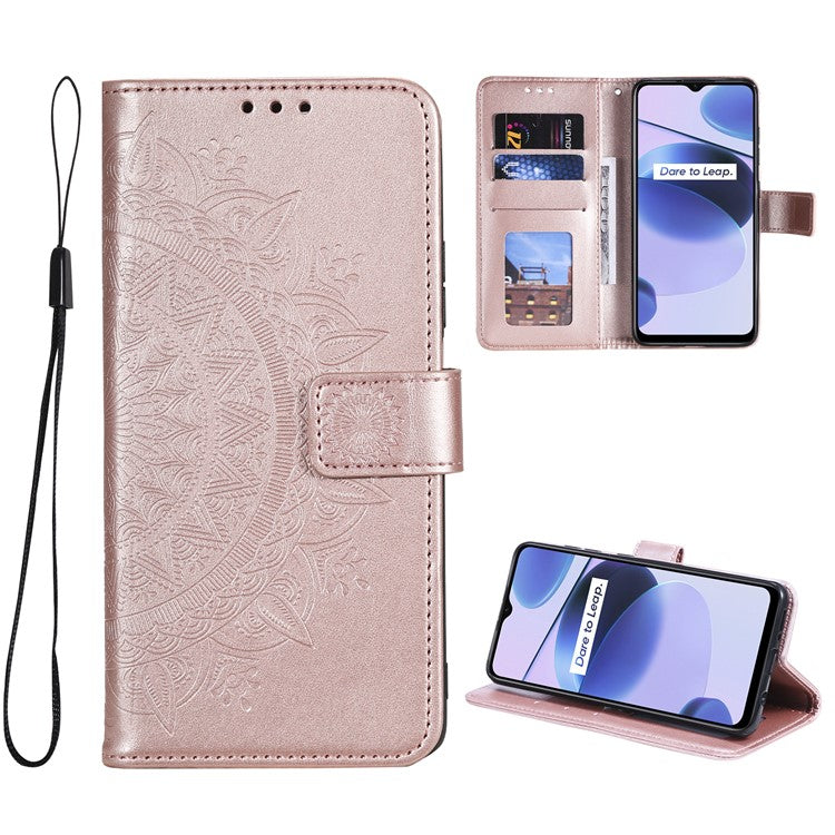 For Realme C35 PU Leather Scratch-resistant Cover Foldable Stand Imprinted Mandala Flower Wallet Case with Strap - Rose Gold