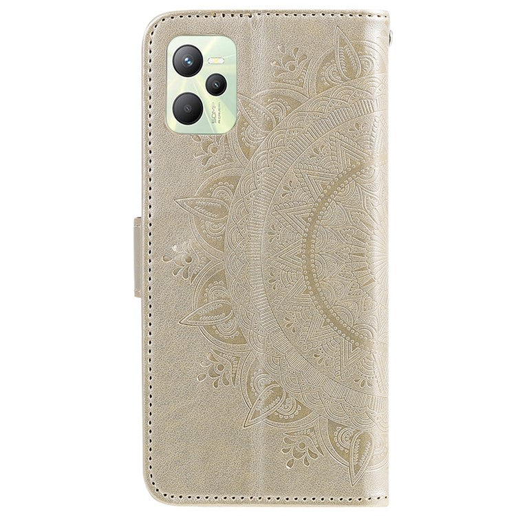 For Realme C35 PU Leather Scratch-resistant Cover Foldable Stand Imprinted Mandala Flower Wallet Case with Strap - Gold