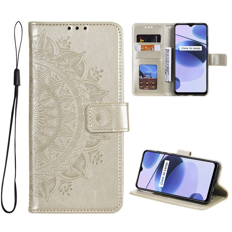 For Realme C35 PU Leather Scratch-resistant Cover Foldable Stand Imprinted Mandala Flower Wallet Case with Strap - Gold