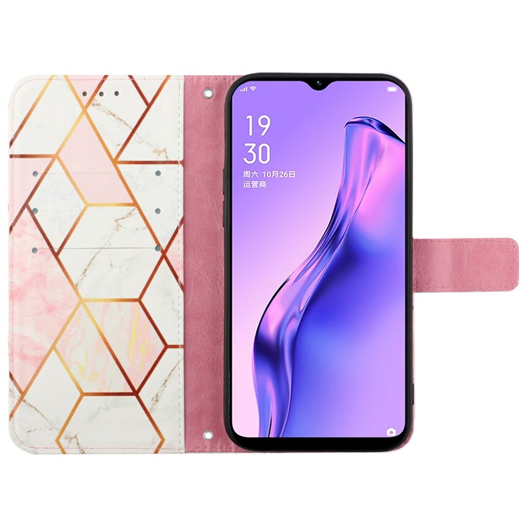 YB Pattern Printing Leather Series-5 for Oppo A94 5G/A95 5G/F19 Pro+ 5G/Reno5 Z 5G Marble Pattern PU Leather Adjustable Stand Cellphone Wallet Case - Pink White LS002