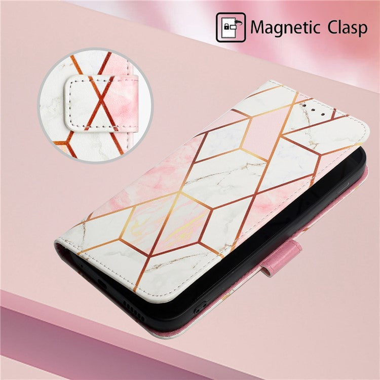 YB Pattern Printing Leather Series-5 for Oppo A94 5G/A95 5G/F19 Pro+ 5G/Reno5 Z 5G Marble Pattern PU Leather Adjustable Stand Cellphone Wallet Case - Pink White LS002