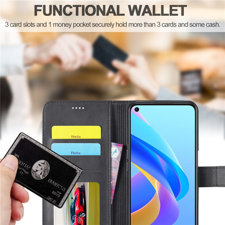 LC.IMEEKE for Realme 9i/Oppo A36/Oppo A76 Textured PU Leather Flip Folio Stand Case Mobile Phone Wallet Case Cover - Black