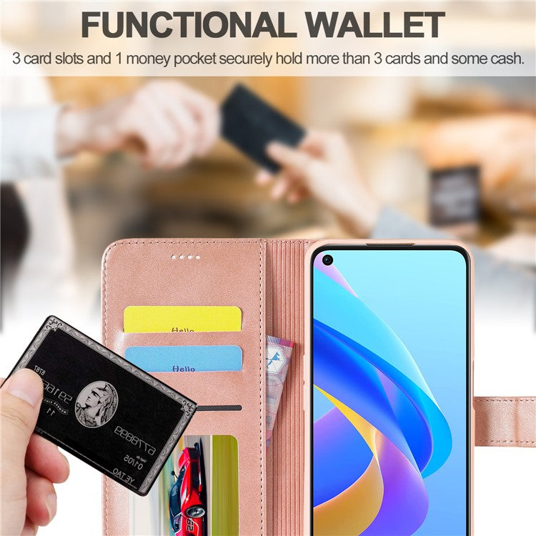 LC.IMEEKE for Realme 9i/Oppo A36/Oppo A76 Textured PU Leather Flip Folio Stand Case Mobile Phone Wallet Case Cover - Pink