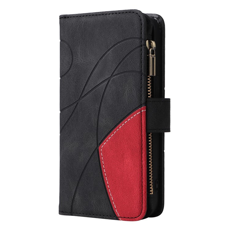 KT Multi-function Series-5 for Oppo A94 5G/F19 Pro+ 5G/Reno Z/A95 5G/Reno5 Lite Bi-color Splicing Leather Phone Shell with Handy Strap Multiple Card Slots Zipper Pocket Stand Case - Black