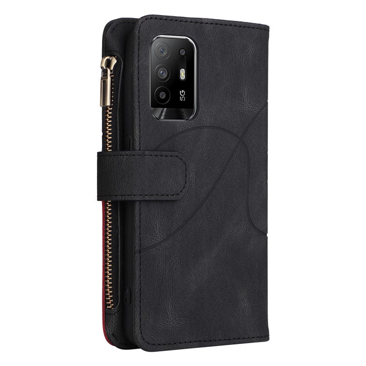 KT Multi-function Series-5 for Oppo A94 5G/F19 Pro+ 5G/Reno Z/A95 5G/Reno5 Lite Bi-color Splicing Leather Phone Shell with Handy Strap Multiple Card Slots Zipper Pocket Stand Case - Black