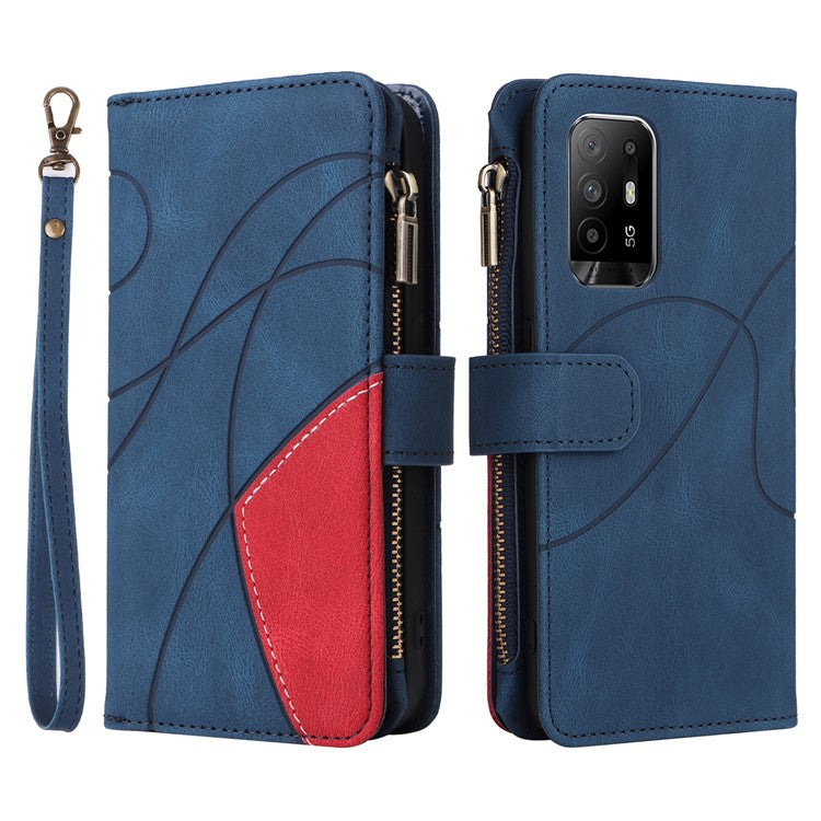 KT Multi-function Series-5 for Oppo A94 5G/F19 Pro+ 5G/Reno Z/A95 5G/Reno5 Lite Bi-color Splicing Leather Phone Shell with Handy Strap Multiple Card Slots Zipper Pocket Stand Case - Blue