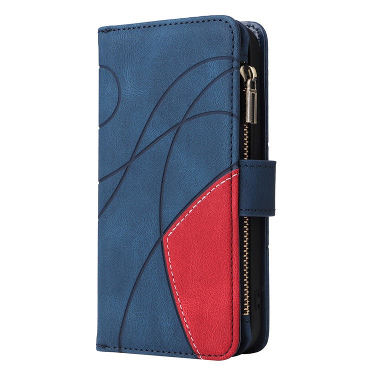 KT Multi-function Series-5 for Oppo A94 5G/F19 Pro+ 5G/Reno Z/A95 5G/Reno5 Lite Bi-color Splicing Leather Phone Shell with Handy Strap Multiple Card Slots Zipper Pocket Stand Case - Blue