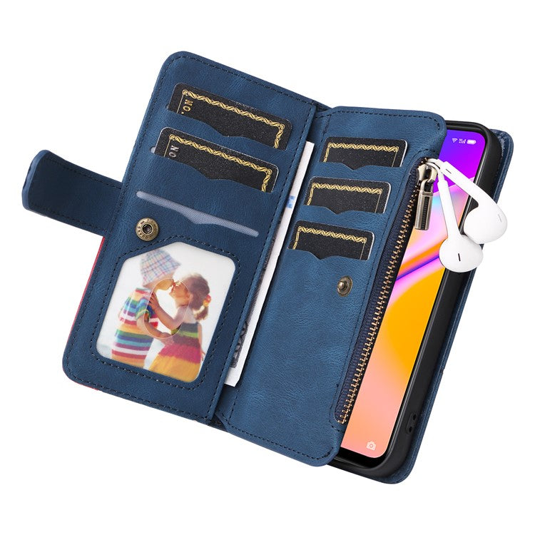 KT Multi-function Series-5 for Oppo A94 5G/F19 Pro+ 5G/Reno Z/A95 5G/Reno5 Lite Bi-color Splicing Leather Phone Shell with Handy Strap Multiple Card Slots Zipper Pocket Stand Case - Blue