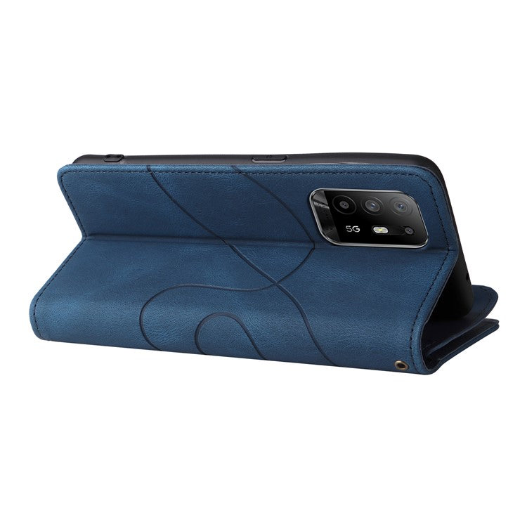 KT Multi-function Series-5 for Oppo A94 5G/F19 Pro+ 5G/Reno Z/A95 5G/Reno5 Lite Bi-color Splicing Leather Phone Shell with Handy Strap Multiple Card Slots Zipper Pocket Stand Case - Blue