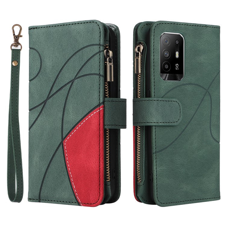 KT Multi-function Series-5 for Oppo A94 5G/F19 Pro+ 5G/Reno Z/A95 5G/Reno5 Lite Bi-color Splicing Leather Phone Shell with Handy Strap Multiple Card Slots Zipper Pocket Stand Case - Green