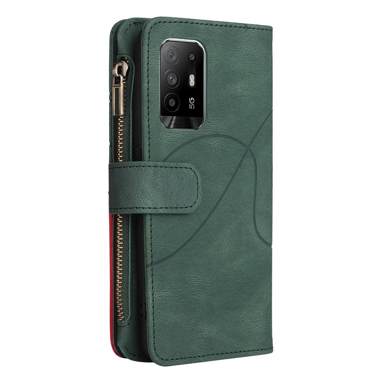 KT Multi-function Series-5 for Oppo A94 5G/F19 Pro+ 5G/Reno Z/A95 5G/Reno5 Lite Bi-color Splicing Leather Phone Shell with Handy Strap Multiple Card Slots Zipper Pocket Stand Case - Green