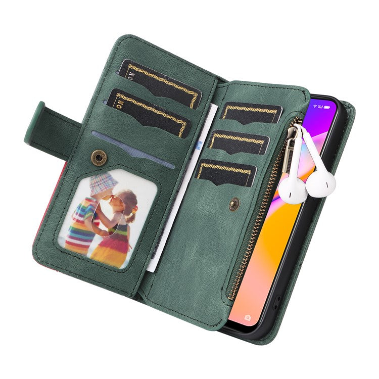 KT Multi-function Series-5 for Oppo A94 5G/F19 Pro+ 5G/Reno Z/A95 5G/Reno5 Lite Bi-color Splicing Leather Phone Shell with Handy Strap Multiple Card Slots Zipper Pocket Stand Case - Green