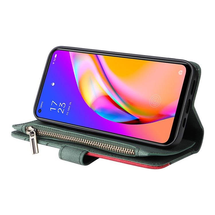 KT Multi-function Series-5 for Oppo A94 5G/F19 Pro+ 5G/Reno Z/A95 5G/Reno5 Lite Bi-color Splicing Leather Phone Shell with Handy Strap Multiple Card Slots Zipper Pocket Stand Case - Green