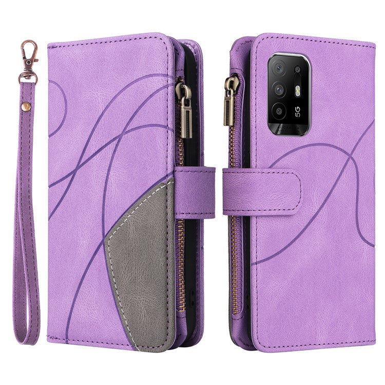 KT Multi-function Series-5 for Oppo A94 5G/F19 Pro+ 5G/Reno Z/A95 5G/Reno5 Lite Bi-color Splicing Leather Phone Shell with Handy Strap Multiple Card Slots Zipper Pocket Stand Case - Light Purple