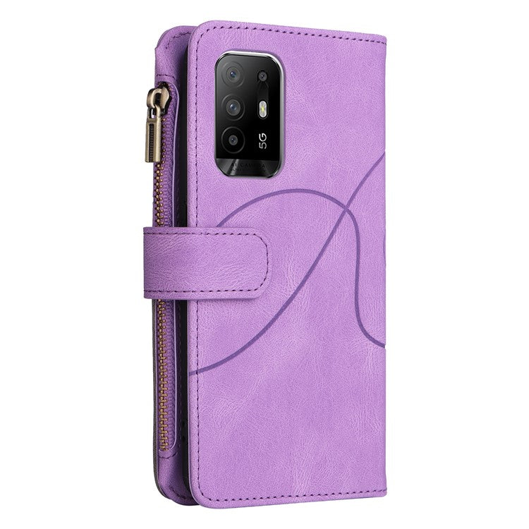 KT Multi-function Series-5 for Oppo A94 5G/F19 Pro+ 5G/Reno Z/A95 5G/Reno5 Lite Bi-color Splicing Leather Phone Shell with Handy Strap Multiple Card Slots Zipper Pocket Stand Case - Light Purple