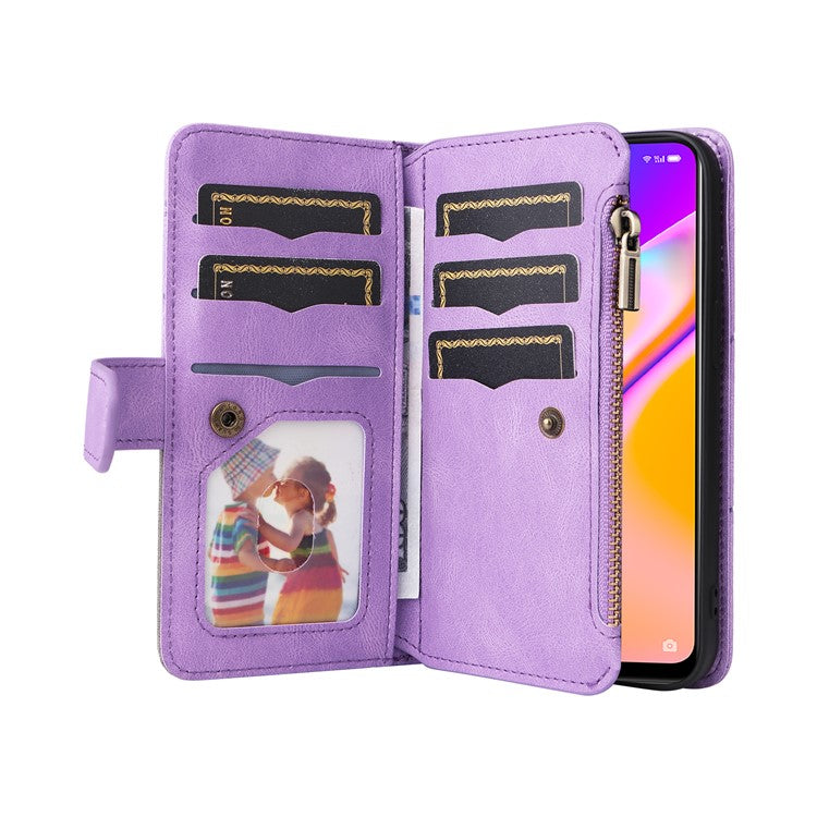 KT Multi-function Series-5 for Oppo A94 5G/F19 Pro+ 5G/Reno Z/A95 5G/Reno5 Lite Bi-color Splicing Leather Phone Shell with Handy Strap Multiple Card Slots Zipper Pocket Stand Case - Light Purple