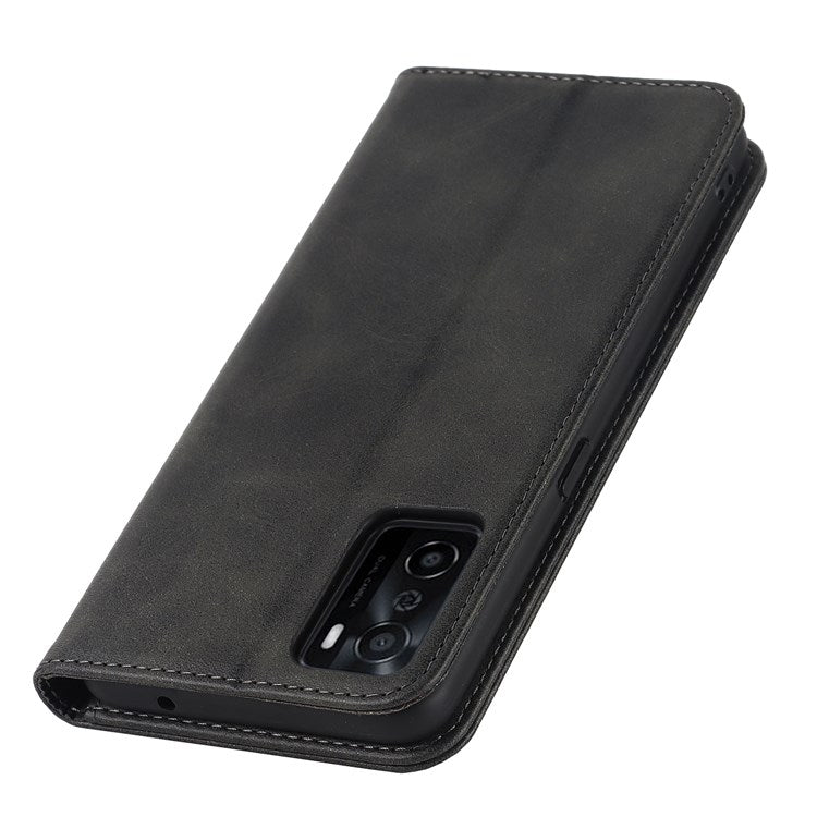 Textured PU Leather Wallet Case for Oppo A55s 5G, Magnetic Auto-absorbed Adjustable Phone Cover - Black