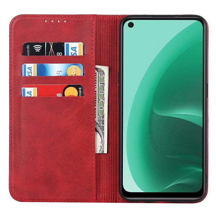 Textured PU Leather Wallet Case for Oppo A55s 5G, Magnetic Auto-absorbed Adjustable Phone Cover - Red