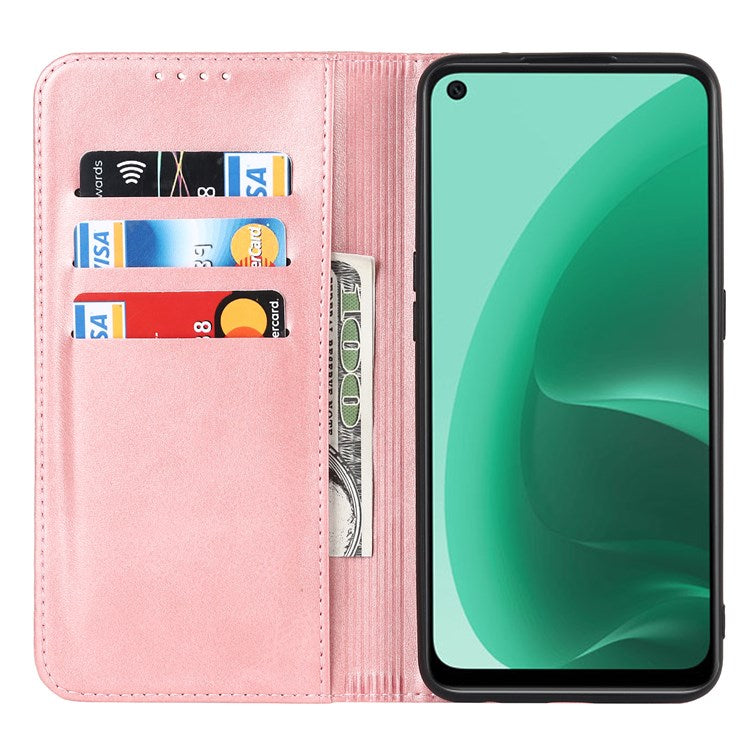 Textured PU Leather Wallet Case for Oppo A55s 5G, Magnetic Auto-absorbed Adjustable Phone Cover - Rose Gold